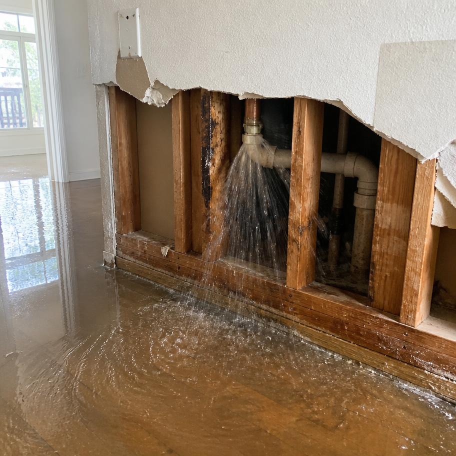 Muro interior de vivienda abierto con cañería de agua rota y agua acumulada en el piso