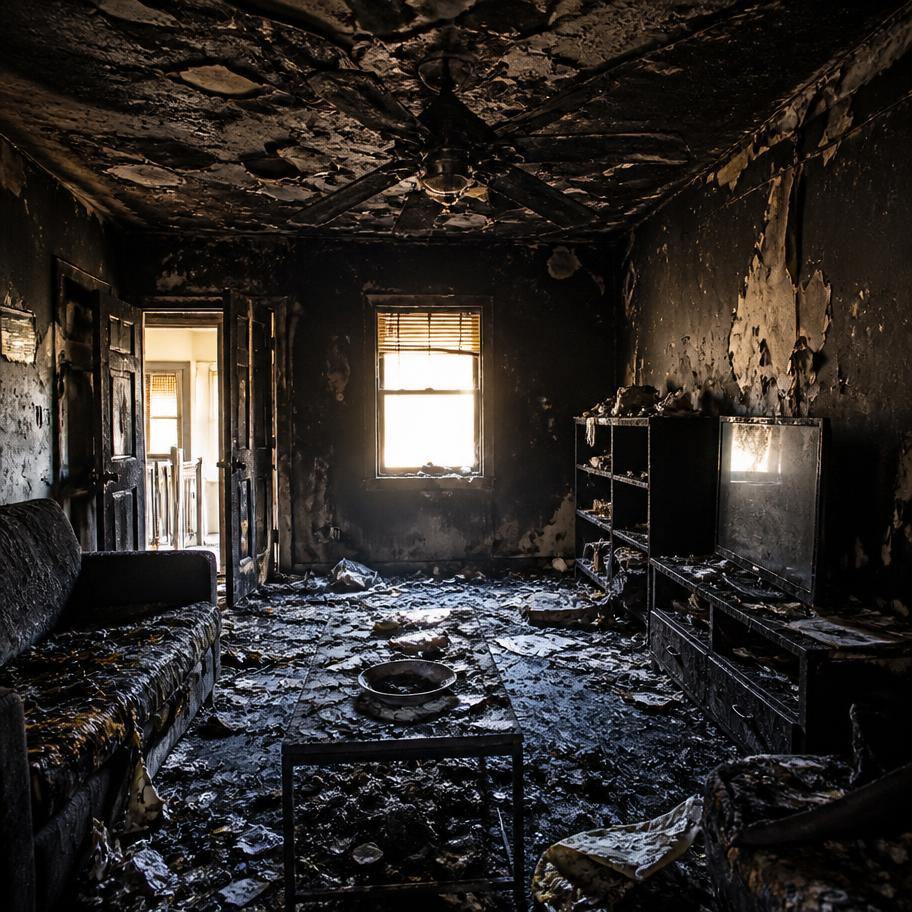 Interior de vivienda con muros y cielo dañados por incendio