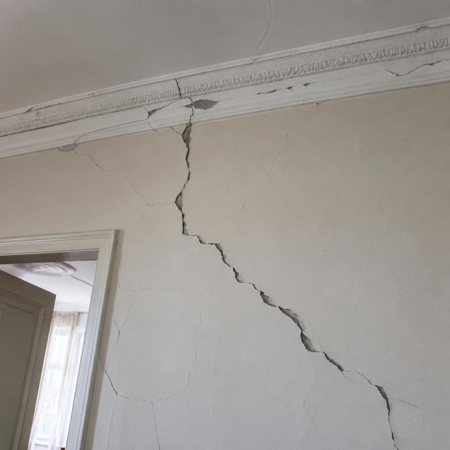 Grietas diagonales en muro interior y cornisa dañada por movimiento sísmico
